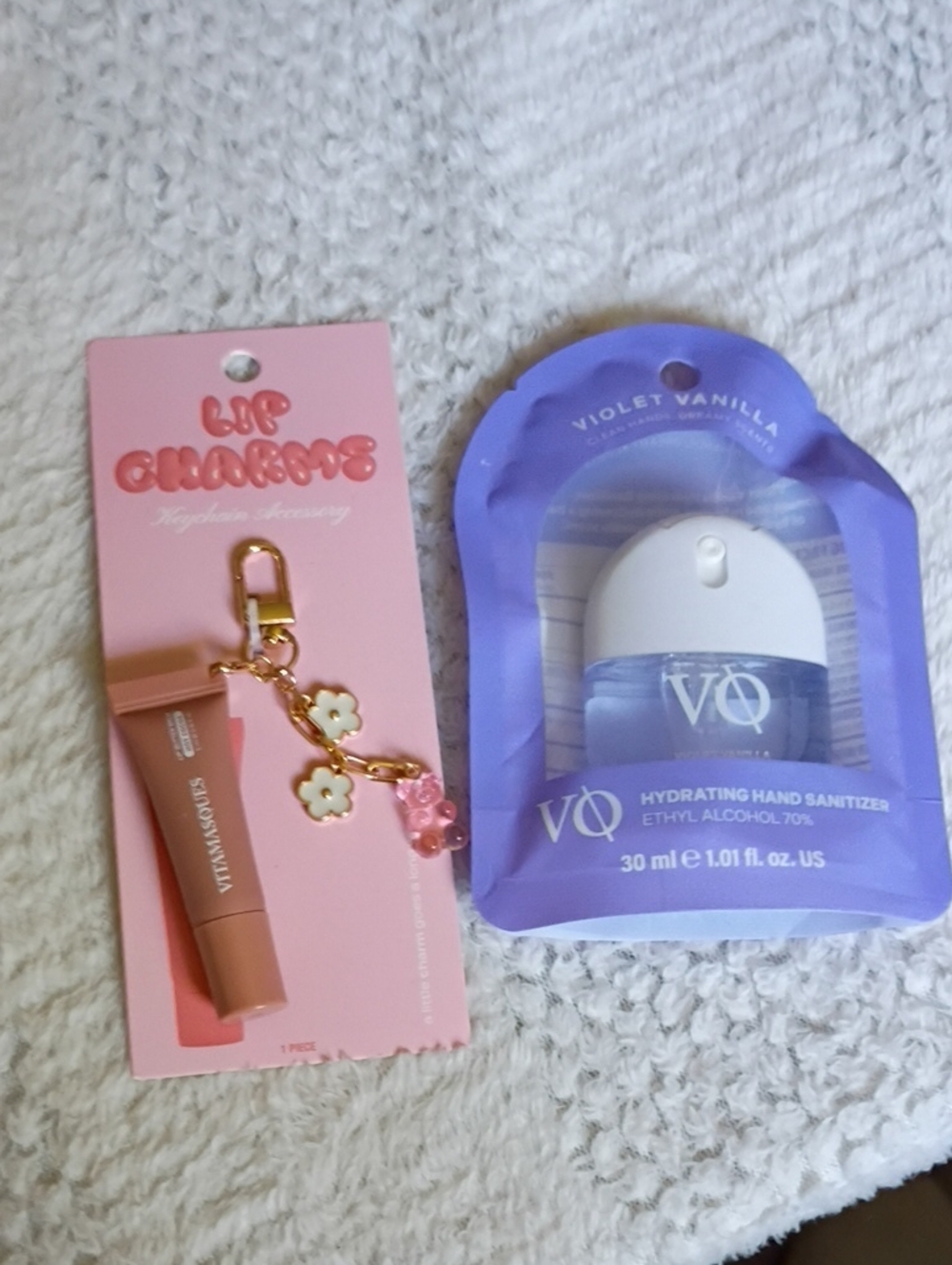 NIP Pink Lip Charm Keychain with Nude Lip Gloss & Violet Vanilla Hand Sanitizer